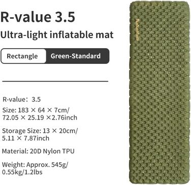 Самонадувний спальний килимок Naturehike 5.8R/3.5R - Value Camping Sleeping Pad, Надувний килимок для кемпінгу, Портативний килимок для сну, Одномісний надувний матрац для сну для трекінгу, Піших прогулянок, Альпінізму, Туристичного туризму, Outdoor (прям