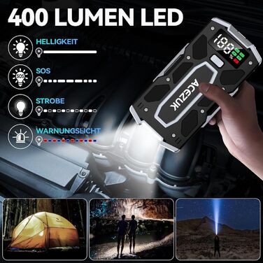 Портативний зарядний пристрій Starthilfe Powerbank 6000A для автомобіля з LED-ліхтариком та великим екраном (7000A Чорний)