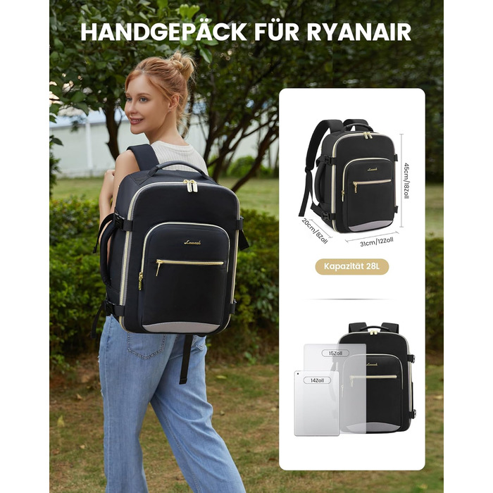 Рюкзак LOVEVOOK для ручної поклажі Ryanair (40x20x25 см), для ноутбука 13.3 дюйма, чорний, підходить для Eurowings, Wizz Air