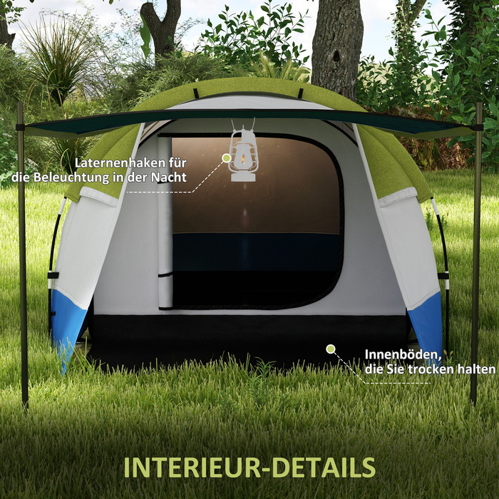 Outsunny Camping Tent, Тунельний намет для 3 осіб, з легким гачком, тент, 2 кімнати, вітрозахисний сімейний намет із сумкою для перенесення, 2000 мм водовідштовхувальний висувний намет для кемпінгу, саду, зелені