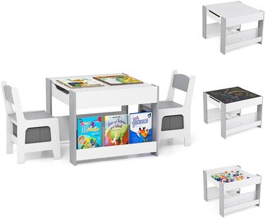 Дитячий столик Dreamade 4 в 1 з 2 стільцями: дерев'яний набір для ігор з дошками, полицями та коробками (сірий)