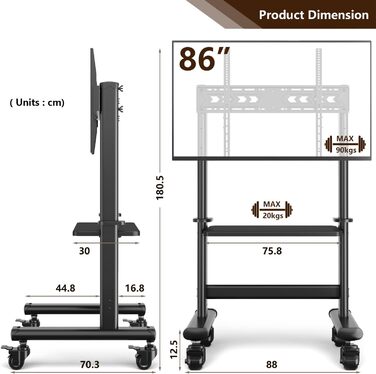 Телевізійний візок RFIVER з регулюванням висоти 50-86 дюймів, мобільний і стабільний, макс. 90 кг, VESA 800x600 мм