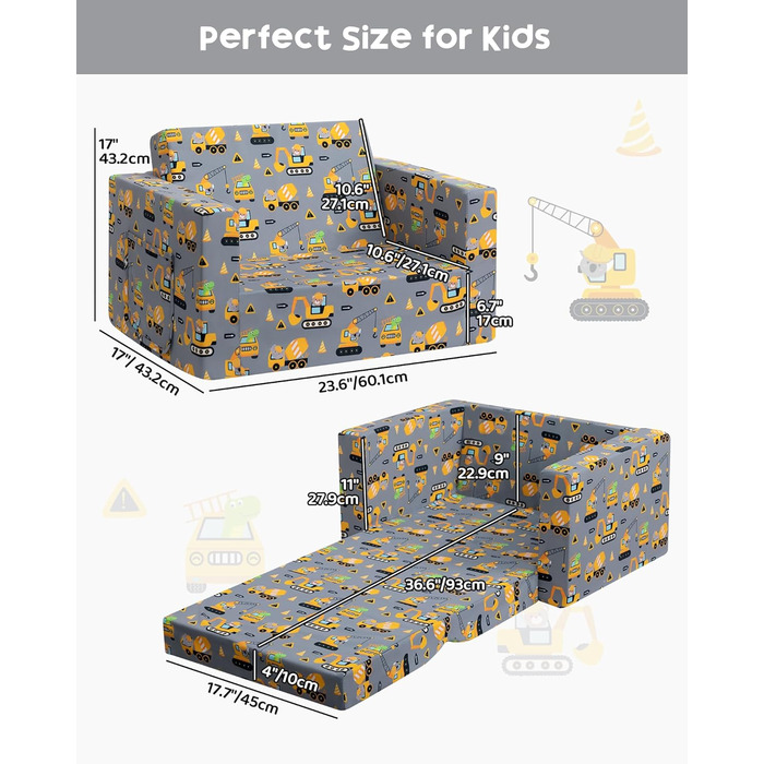 Дитяче диван-ліжко BEJOY 2 в 1: диванчик та крісло, Sherpa, сірий з машинками для дитячої кімнати, подарунок