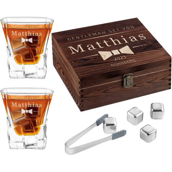 Набір каменів для віскі Maverton - в дерев'яній коробці з гравіюванням-8 кубиків льоду 2 склянки для віскі щипці оксамитовий мішечок-багаторазовий-металевий-подарунок для чоловіків -(джентльменський набір)