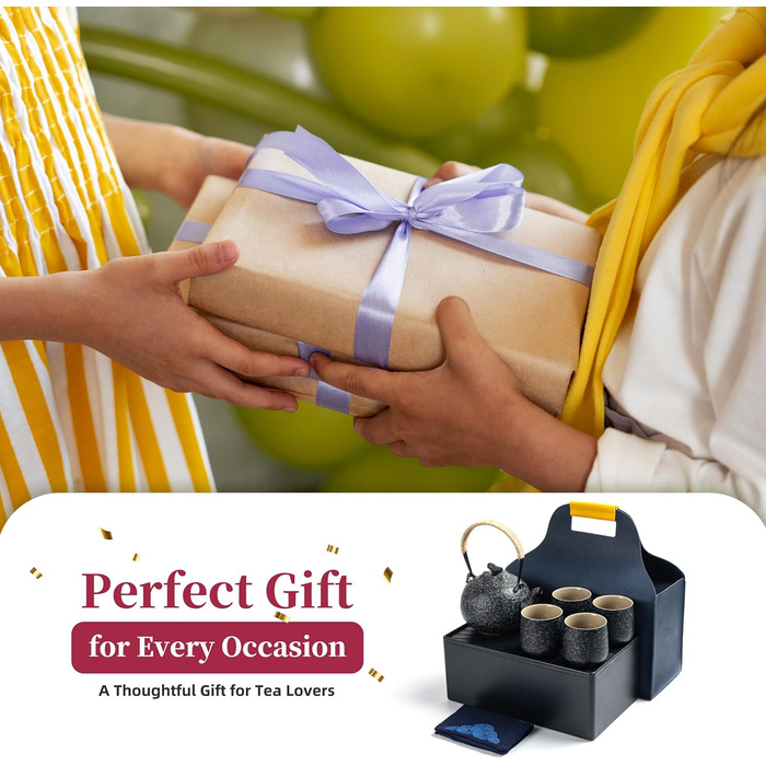 Набір для чаювання TEANAGOO: чайник 700мл + 4 чашки 205мл, дорожній, порцеляна, сірий, з підносом