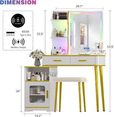 Туалетний столик Lvifur RGB зі світлодіодом, дзеркало, табурет, ящики, USB-порт для спальні (білий)