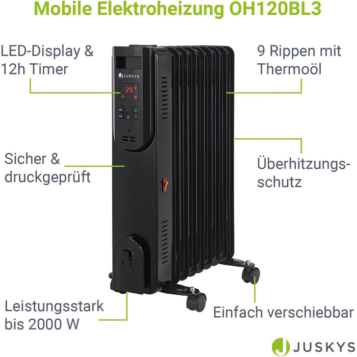 Масляний радіатор електричного обігрівача Juskys - електричний обігрівач з 3 рівнями, термостатом, таймером на 12 годин і захистом від перегріву - радіатор чорний (2000 Вт)