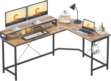 Ігровий стіл CubiCubi L-подібний, 150x120 см з підставкою для монітора та кишенькою, вінтажний коричневий