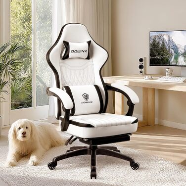 Ігровий крісло Dowinx з дихаючого PU-шкіри, з підніжкою, масажем, підтримкою попереку, велике та високе, ергономічне, з кишеньковим пружинним подушками, для дорослих та підлітків (Чорний та Золотий)