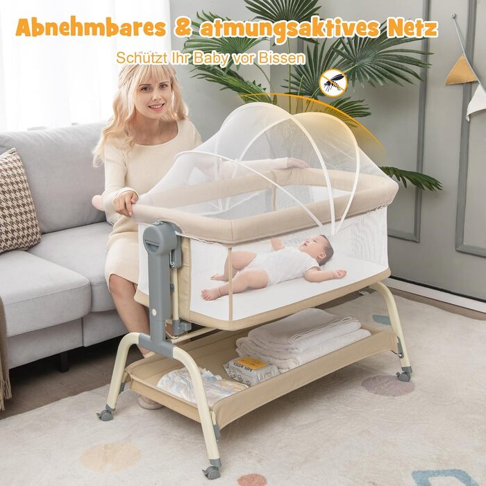 Дитяче ліжко COSTWAY 4-в-1 з москітною сіткою, бебі-ліжко, колиска, візок та туристичне ліжко з матрацом, 6 рівнів регулювання, сумка для перенесення, дитяче ліжко-гойдалка, розкладне, для малюків до 6 місяців (Бежевий)