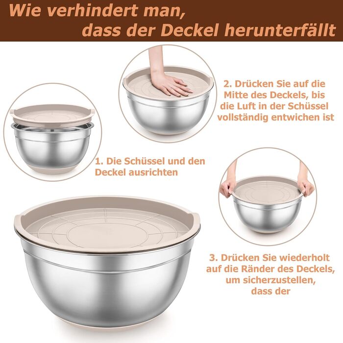 Набір місок TEAMFAR з нержавіючої сталі: салатові міски з кришкою та силіконовим дном, 0.7-6.5 л, (Хакі, 2)