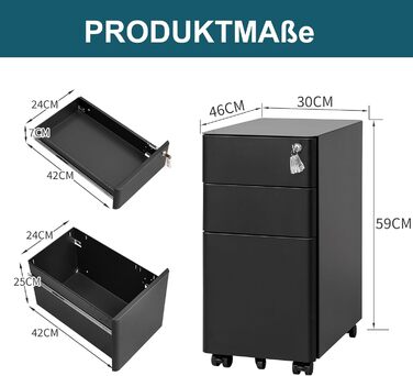 Металевий роликовий контейнер LVSTEEL з 3 висувними шухлядами, офісний, для дому, з замком, білий (чорний), 59.3 x 30 см