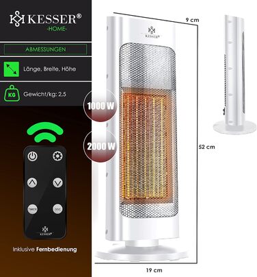Обігрівач KESSER® 2000W з пультом керування, тихий, енергозберігаючий, керамічний, з осциляцією 80°, таймером 24 год, білий