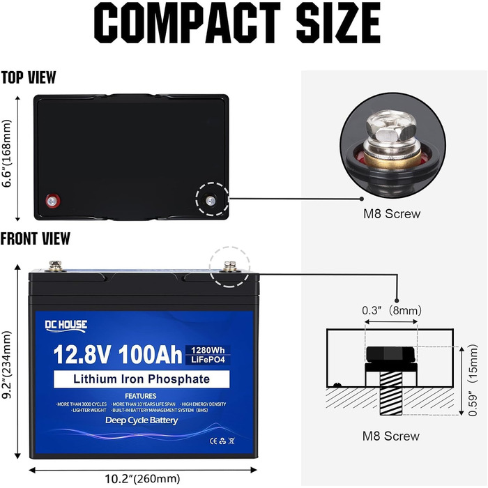 Акумуляторна батарея DCHOUSE 12V 100Ah LiFePO4 із зарядними пристроями 10A, оновлений BMS 100A, до 15000 циклів, літієва батарея 1280 Втгод, ідеально підходить для автофургону, сонячної системи, каравану, човна, кемпінгу, автономного режиму 12 В 100 Ач 10
