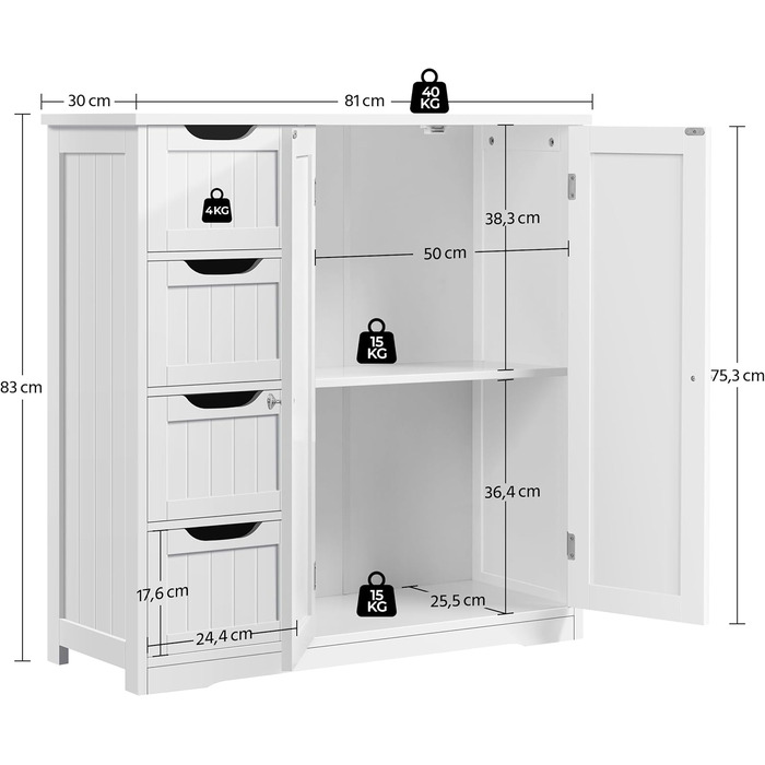Шафа для ванної кімнати Yaheetech з 4 висувними ящиками та 2 дверцятами, тумбочка для ванної кімнати, шафа для підлоги, з регульованою полицею, для ванної кімнати, вітальні, коридору, кухні, білий, 81 × 30 × 83 см