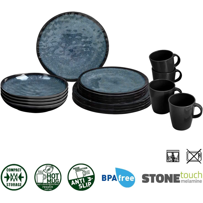 Набір посуду для кемпінгу Brunner Outdoor in Motion Melamin | 8 предметів - тарілки, миски та чашки для 1-2 осіб | Tête a Tête Venetian | Зносостійкий, антиковзний