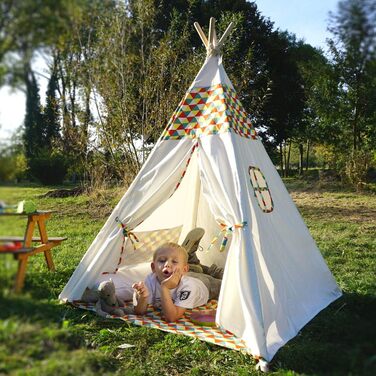 Hej Lønne Kinder Tipi, білий намет-типі з кольоровим візерунком, 120x120x150 см, з підлогою та вікнами, для гри в приміщенні та на вулиці, безпечний для дітей