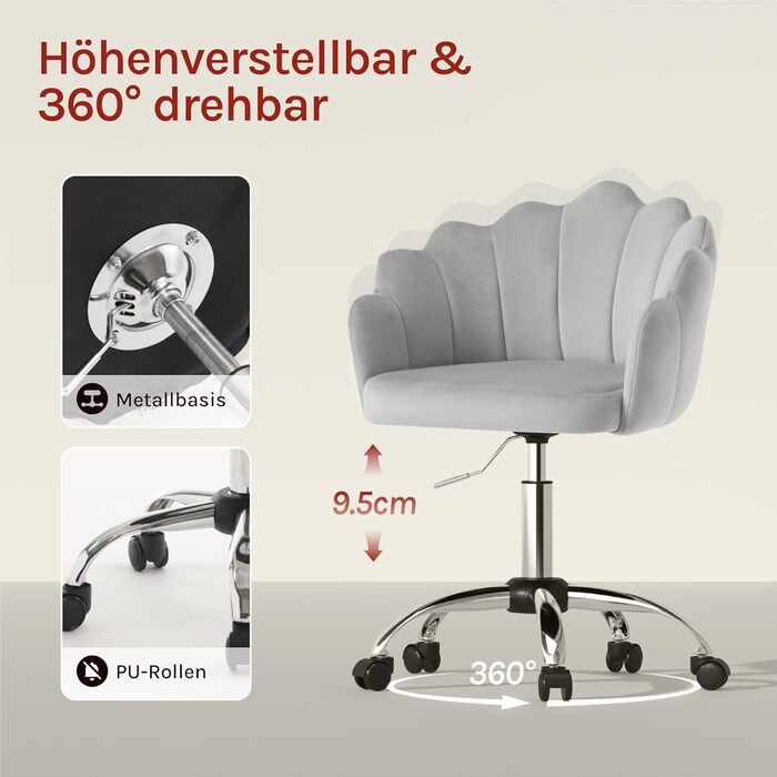 Крісло WOLTU для дому та офісу з м'якою спинкою у вигляді пелюсток, обертове, з регулюванням висоти, для робочого кабінету, спальні, сіре (велюр)
