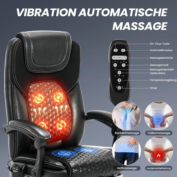 Крісло офісне шкіряне з масажем та підігрівом, регульоване, з підніжкою - для офісу та дому, чорне