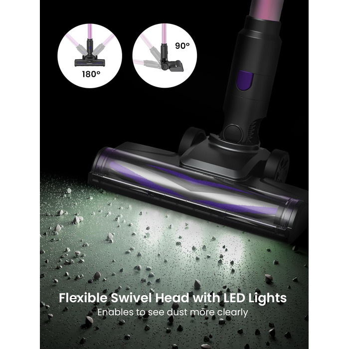 Бездротовий пилосос Vexilar Akku: 60 хв роботи, 45 kPa, 550 W, безщітковий мотор, LED дисплей, 6-в-1, тихий, для дому/авто, підходить для твердих поверхонь, килимів, шерсті тварин, зелений (рожевий)