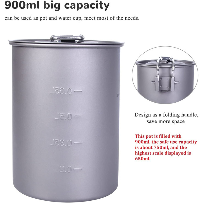 Титанковий казанок iBasingo 900мл з кришкою - казанок для кемпінгу, приготування їжі на відкритому повітрі, подорожей та пікніків