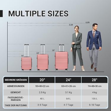 KONO Набір валіз 3 в 1 з ABS, рожевий колір, з TSA замком, M-L-XL, з роликами