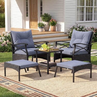 Садовий набір меблів COSTWAY з ротангу, 5 предметів: 2 крісла з подушками, пуф та стіл для балкона, тераси, саду (Чорний + Сірий)