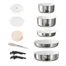 Набір посуду RIOVARM з індукційним покриттям: каструлі та сковороди з знімними ручками, антипригарне гранітне покриття, складна конструкція, кришки з силікону, без PFOA, 16 предметів з нержавіючої сталі