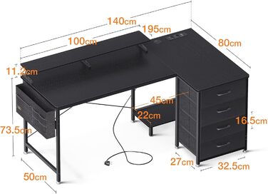 Кутовий стіл з USB-підключенням для зарядки, розеткою, 4 шухляди, полиця для монітора, 140x80x87см