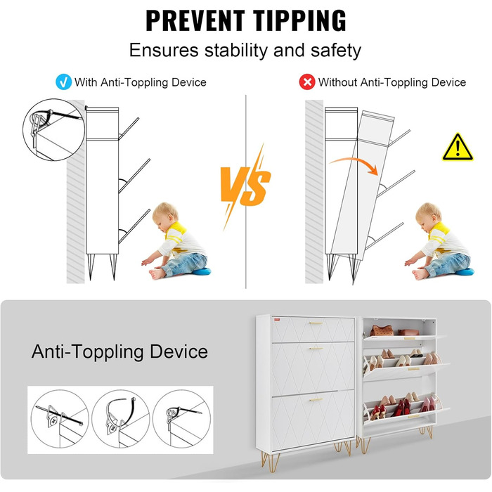 Шафа для взуття VEVOR вузька, дерев'яна, 600 x 168 x 877 мм, з верхньою полицею та 3 відкидними дверцятами, вантажопідйомність 36,28 кг, для прихожого