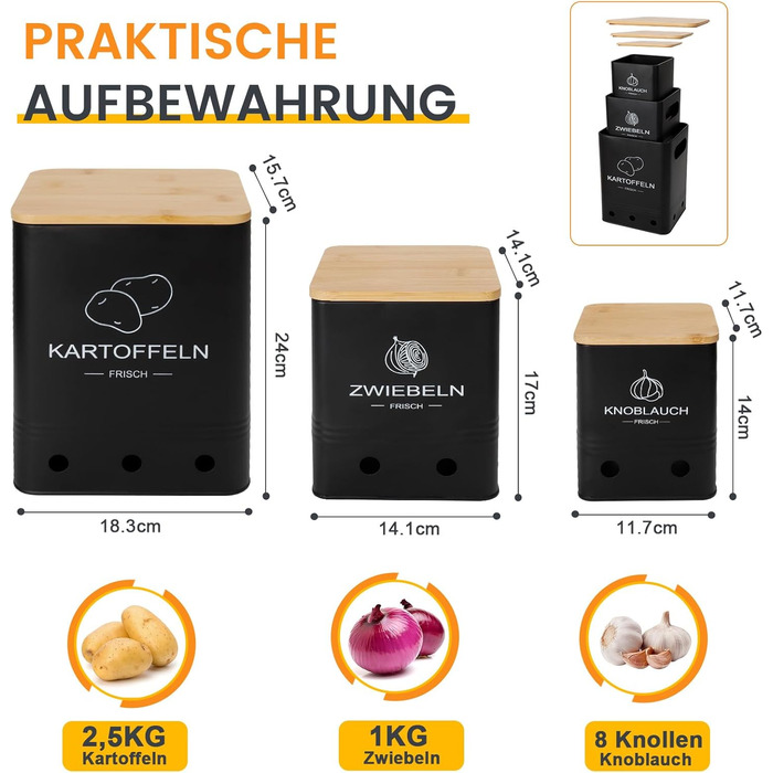 Набір контейнерів для зберігання картоплі, цибулі та часнику (3 шт) з бамбуковими кришками - Моз (Moz) - Чорний