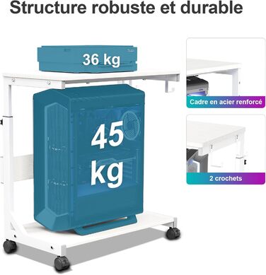 Регульована підставка для комп'ютерного блоку з 2 полицями та місцем для зберігання - для корпусів ATX, принтерів, з фіксуючими колесами (білий, 64 x 64 x 59-84,5 см)