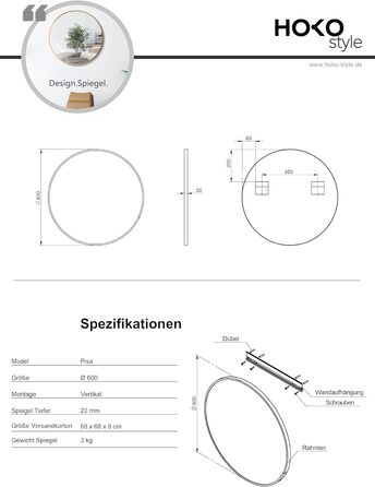 Дзеркало настінне овальне HOKO Design 45 x 75 см з металевим матовим каркасом. Можлива вертикальна та горизонтальна установка. Підходить для ванної кімнати, передпокою, спальні.