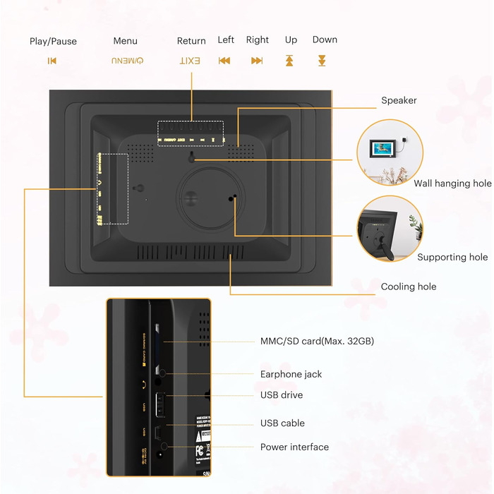 Цифровий фоторамка Kodak 10 дюймів з акумулятором, Wi-Fi, 32 ГБ, HD IPS сенсорний екран, фото/відео/музика, керування через додаток (Чорний)