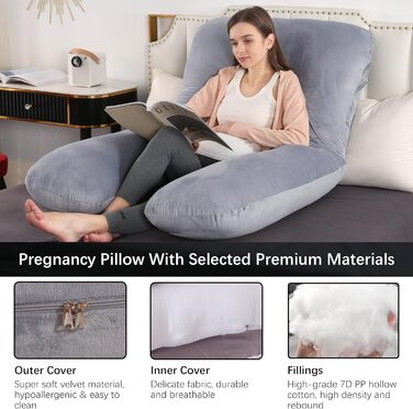 Подушка для вагітних Vlio U-подібної форми, 145x70 см, сіра. Знімний та пральний оксамитовий чохол.