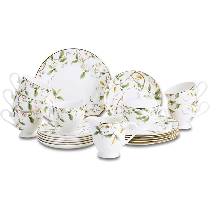 Кавовий сервіс на 6 осіб з Bon China порцеляни: 20-ти частинний набір посуду, білий з квітковим візерунком (6 тарілок, 6 чашок, 6 підставок)