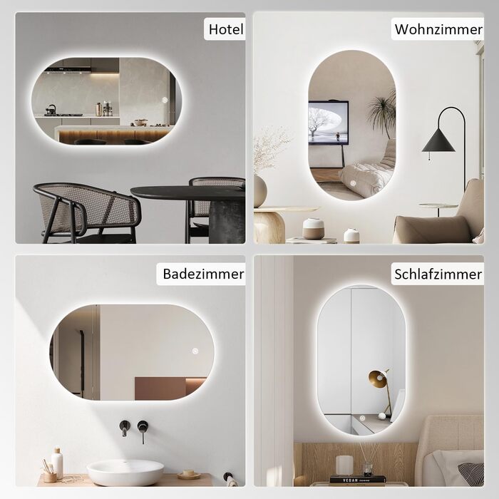 Дзеркало для ванної кімнати з LED-підсвічуванням 40x60 см, 3 кольори світла, сенсорне керування, IP67, енергозберігаюче, для ванної та вітальні