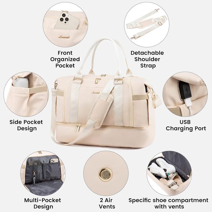 Спортивна сумка Lovevook для подорожей: жіноча дорожня сумка-шопер, сумка для вихідних з косметичкою, відділенням для взуття та мокрих речей, водонепроникна, 37л, бежева