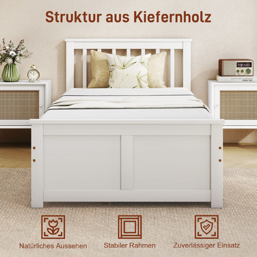 Ліжко одинарне, дерев'яний каркас, ящики на колесах, не потребує ламелей, 90 x 200 см, білий