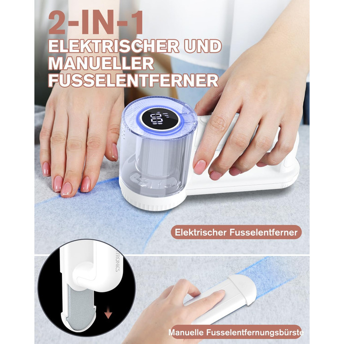 Електричний видальник ворсу Homtronics з USB-зарядкою, LED-дисплеєм та 6-кліновою головкою для одягу, диванів та килимів (білий)