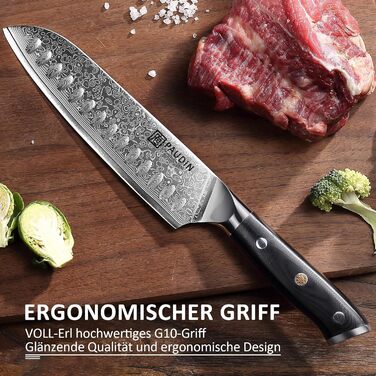 PAUDIN Сантоку ніж з дамаської сталі 17 см, професійний кухонний ніж з VG10 серцем, ергономічна ручка G10