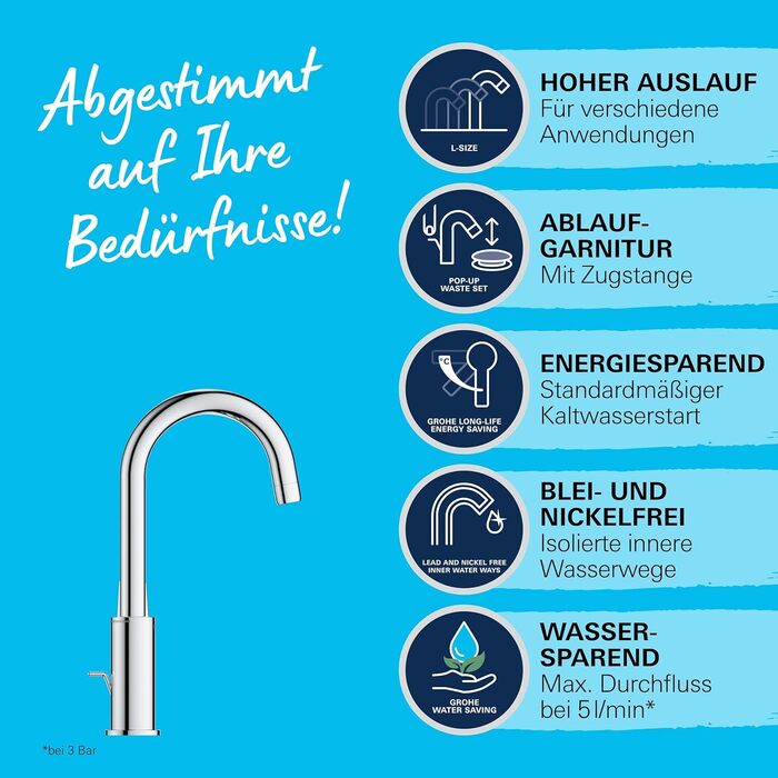Змішувач для ванної кімнати GROHE Swift, високий, водозберігаючий, хром, 31 см, з інструментом 3-в-1, для встановлення на раковину