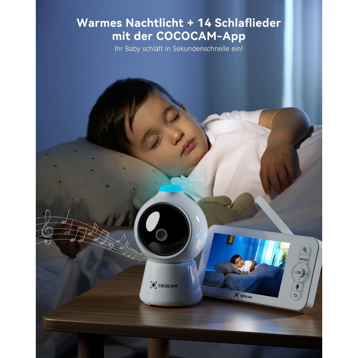 Відеоняня COCOCAM 2K 4MP з камерою та монітором 5 дюймів, Wi-Fi 2.4/5GHz, ШІ-розпізнавання, датчик перекриття обличчя та сну на животі, автотрекінг, ІК нічний зір