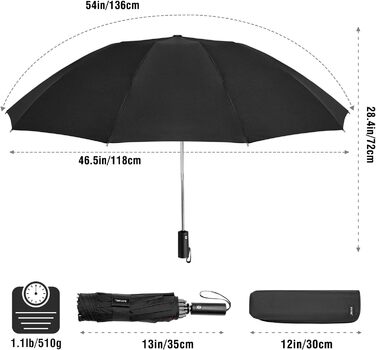 Дюймова парасолька, UPF 50 Захист від ультрафіолету, Відкривати-закривати, Авто, Стійкий до шторму, Компактний, 10 ребер, Чорний, 4Free 54-