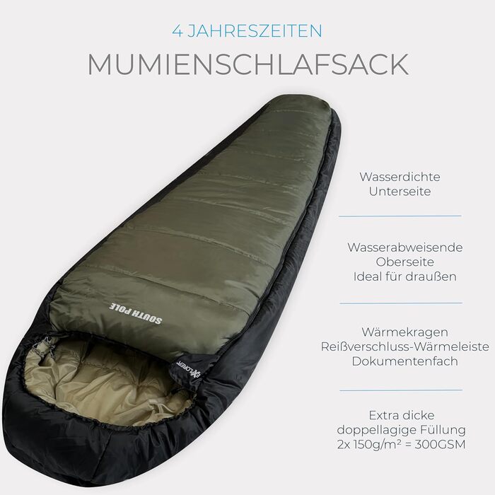 Спальний мішок Explorer Southpole XXL мумія 3-4 сезони 300GSM для дорослих, -21°C/+2°C, водонепроникний, YKK замок, 235x92x60 см, для кемпінгу та подорожей