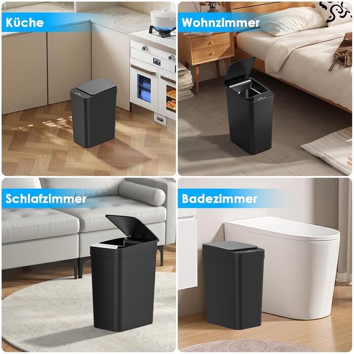 Набір сміттєвих відер Dreamhigh 2 шт. з сенсором, 15L та 12L, електричні, з автоматичним відкриванням кришки, смарт-відра з 3 режимами відкривання, тихі та водонепроникні для кухні, ванної, офісу, вітальні, чорного кольору