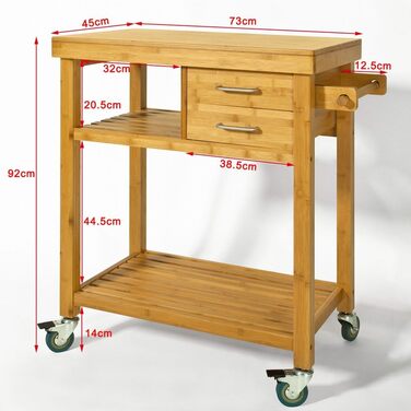 Кухонний візок SoBuy FKW26-N з шухлядою та рушникосушкою, бамбук, BHT приблизно 73x92x45 см