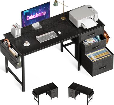 Комп'ютерний стіл Coleshome 120x48 см з 3 висувними ящиками для тканини, тримачем для навушників та сумкою для зберігання. Реверсивний офісний стіл для дому, чорний.