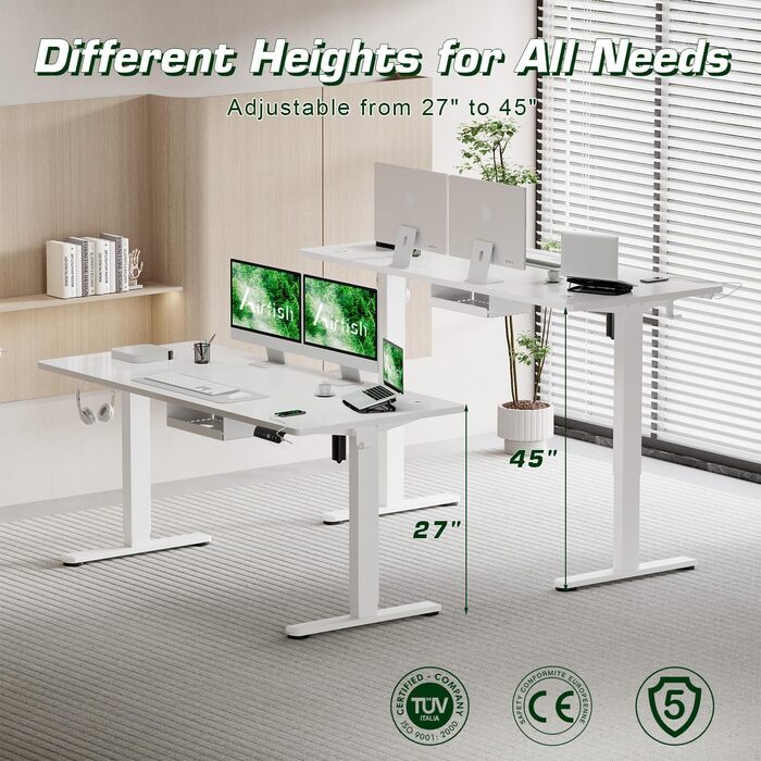 Електричний стіл Airfish з регулюванням висоти, USB-C зарядка, кабель-менеджмент, 3 положення пам'яті (білий, 180 x 80 см)