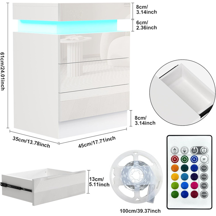 Нічний столик білий з екошкірою, 3 висувні ящики та шафка з відкидною кришкою, 45x35x61 см